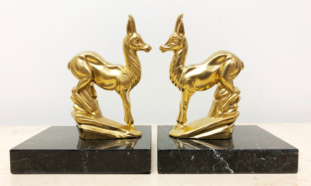 Vintage Art Deco Marble Spelter Antelope Bookends | Adelaide Clocks