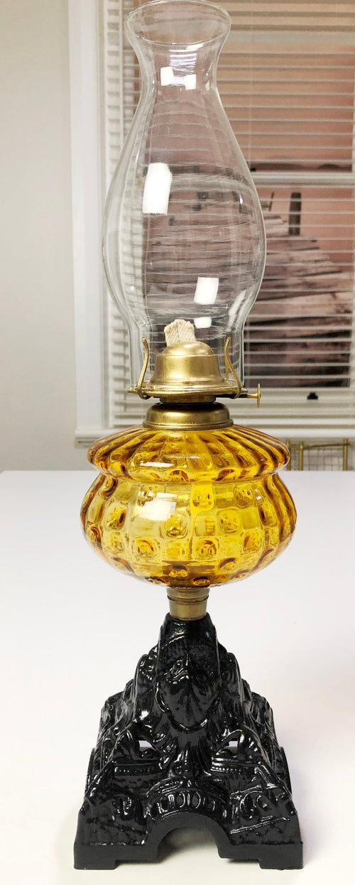 Vintage Original Cast Iron & Amber Glass Oil Lamp lantern | Adelaide Clocks