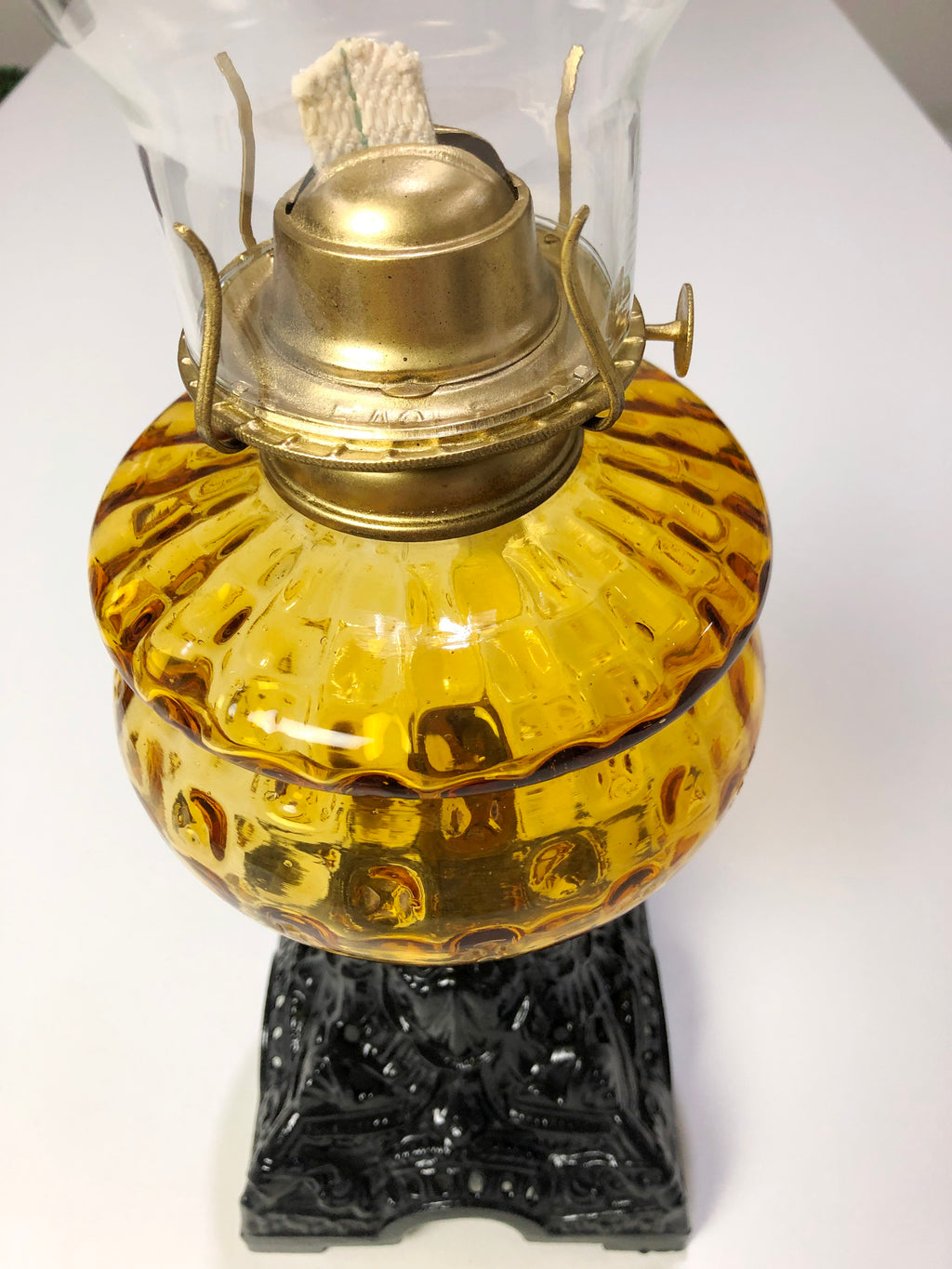 Vintage Original Cast Iron & Amber Glass Oil Lamp lantern | Adelaide Clocks