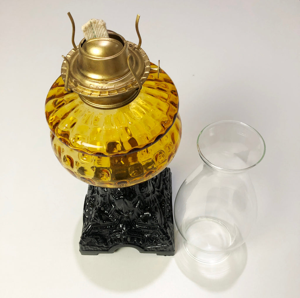 Vintage Original Cast Iron & Amber Glass Oil Lamp lantern | Adelaide Clocks
