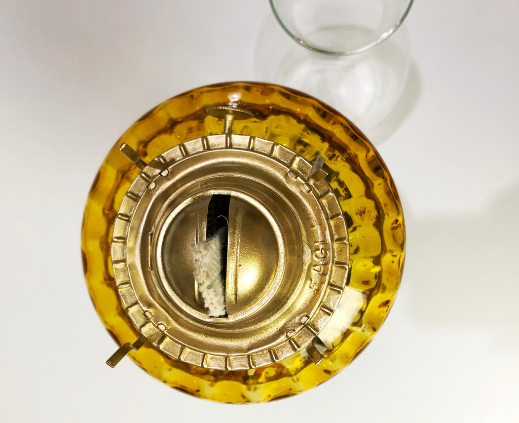 Vintage Original Cast Iron & Amber Glass Oil Lamp lantern | Adelaide Clocks