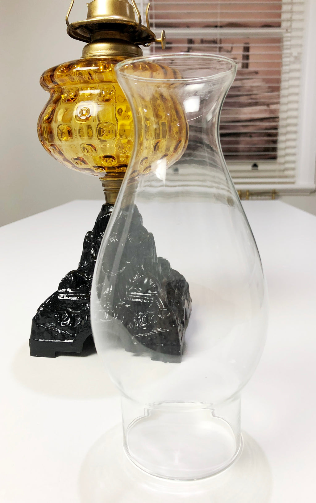 Vintage Original Cast Iron & Amber Glass Oil Lamp lantern | Adelaide Clocks
