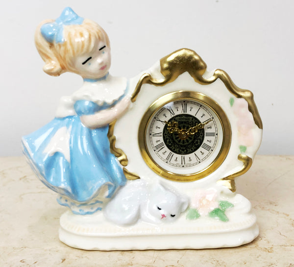 Original Vintage Porcelain Girl with Cat German Mantel Clock | eXibit collection