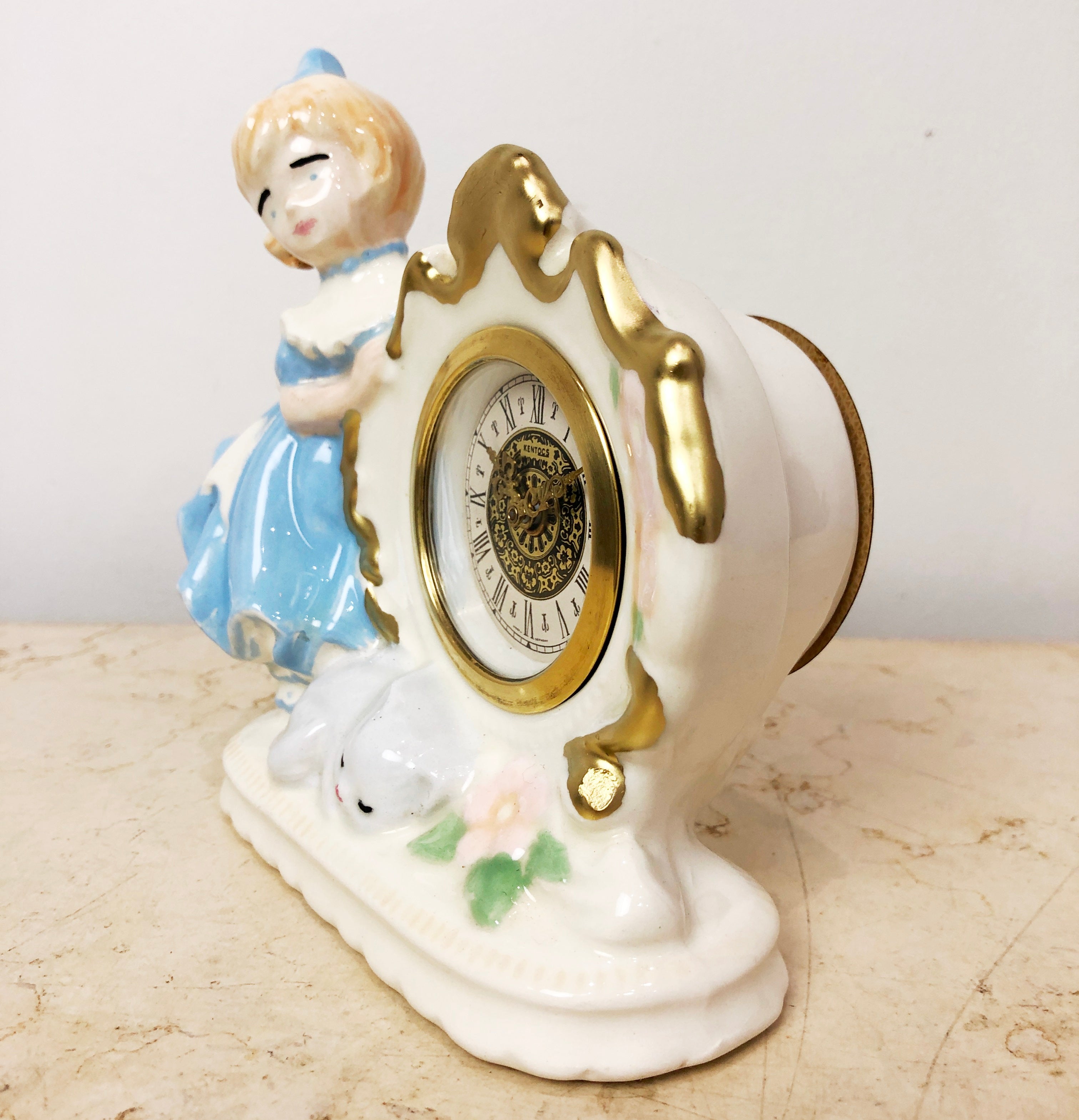 Original Vintage Porcelain Girl with Cat German Mantel Clock | eXibit collection