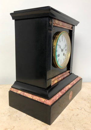 Antique French Slate with Marble Hammer Bell Chime Mantel Clock | eXibit collection