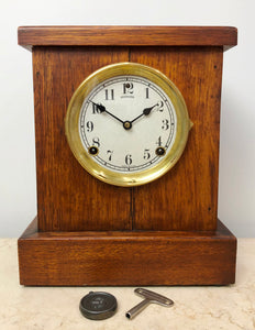 Antique Oak Sessions Bell & Hammer on Coil Chime Mantel Clock | eXibit collection