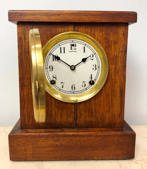 Antique Oak Sessions Bell & Hammer on Coil Chime Mantel Clock | eXibit collection