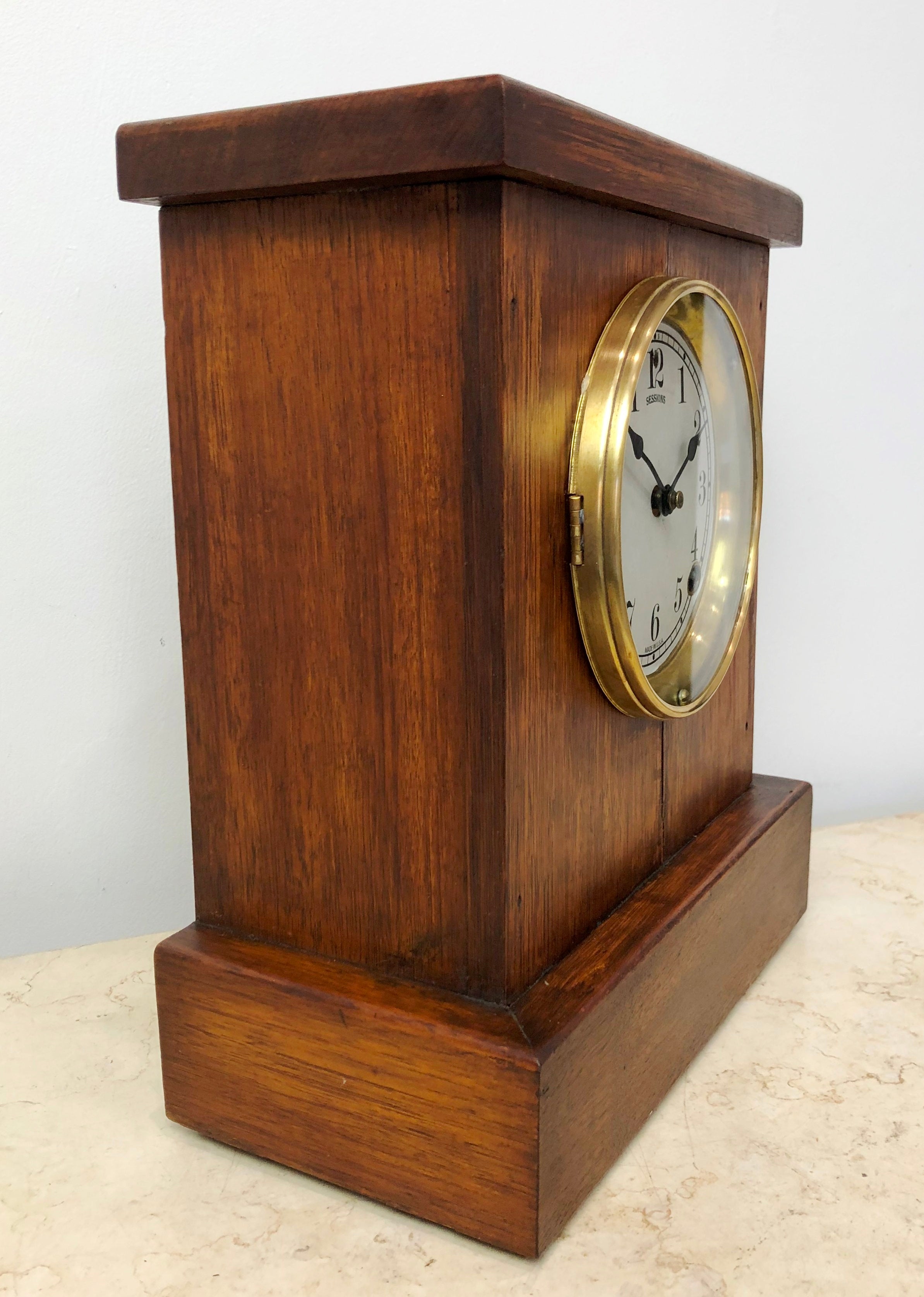 Antique Oak Sessions Bell & Hammer on Coil Chime Mantel Clock | eXibit collection