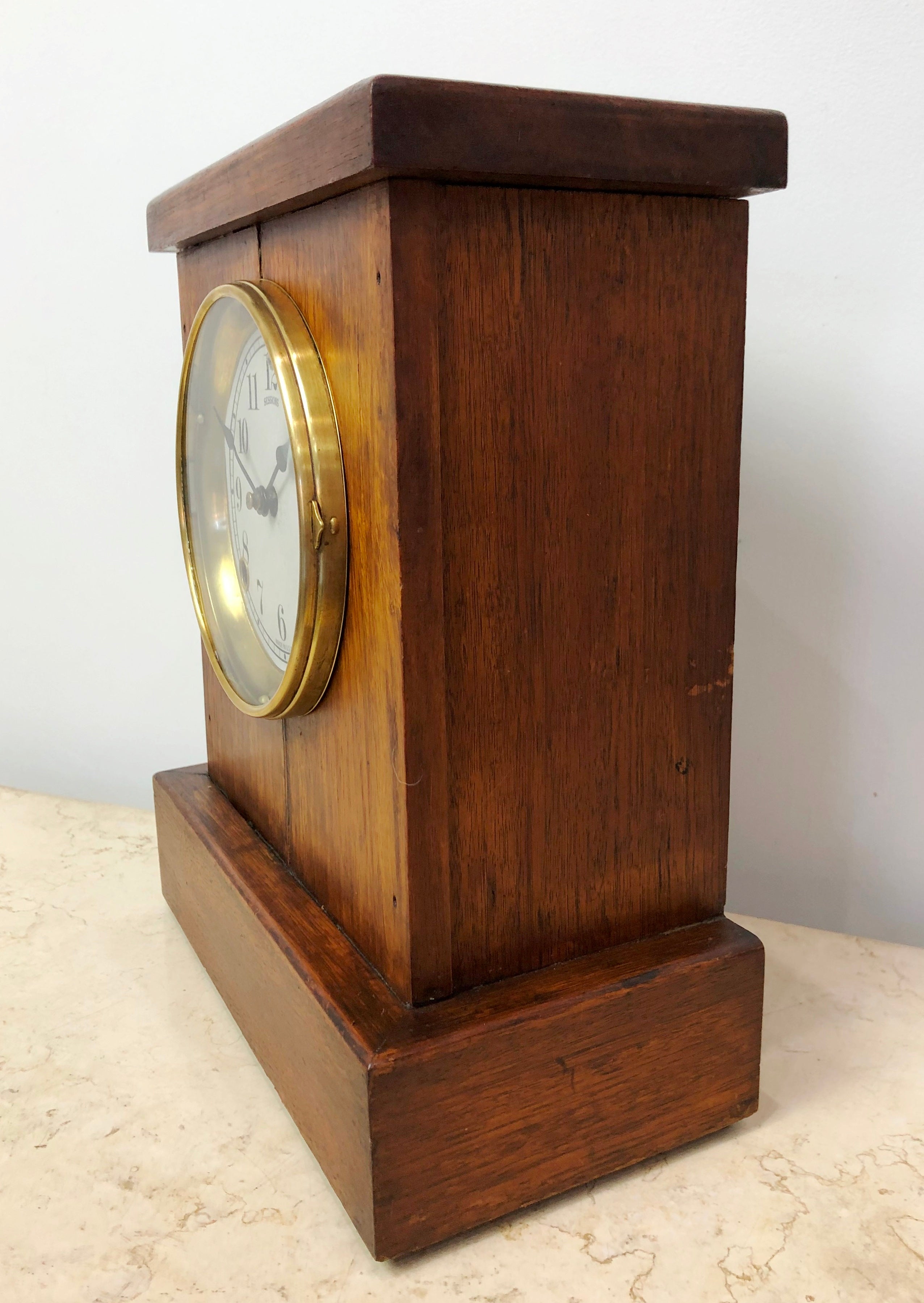 Antique Oak Sessions Bell & Hammer on Coil Chime Mantel Clock | eXibit collection