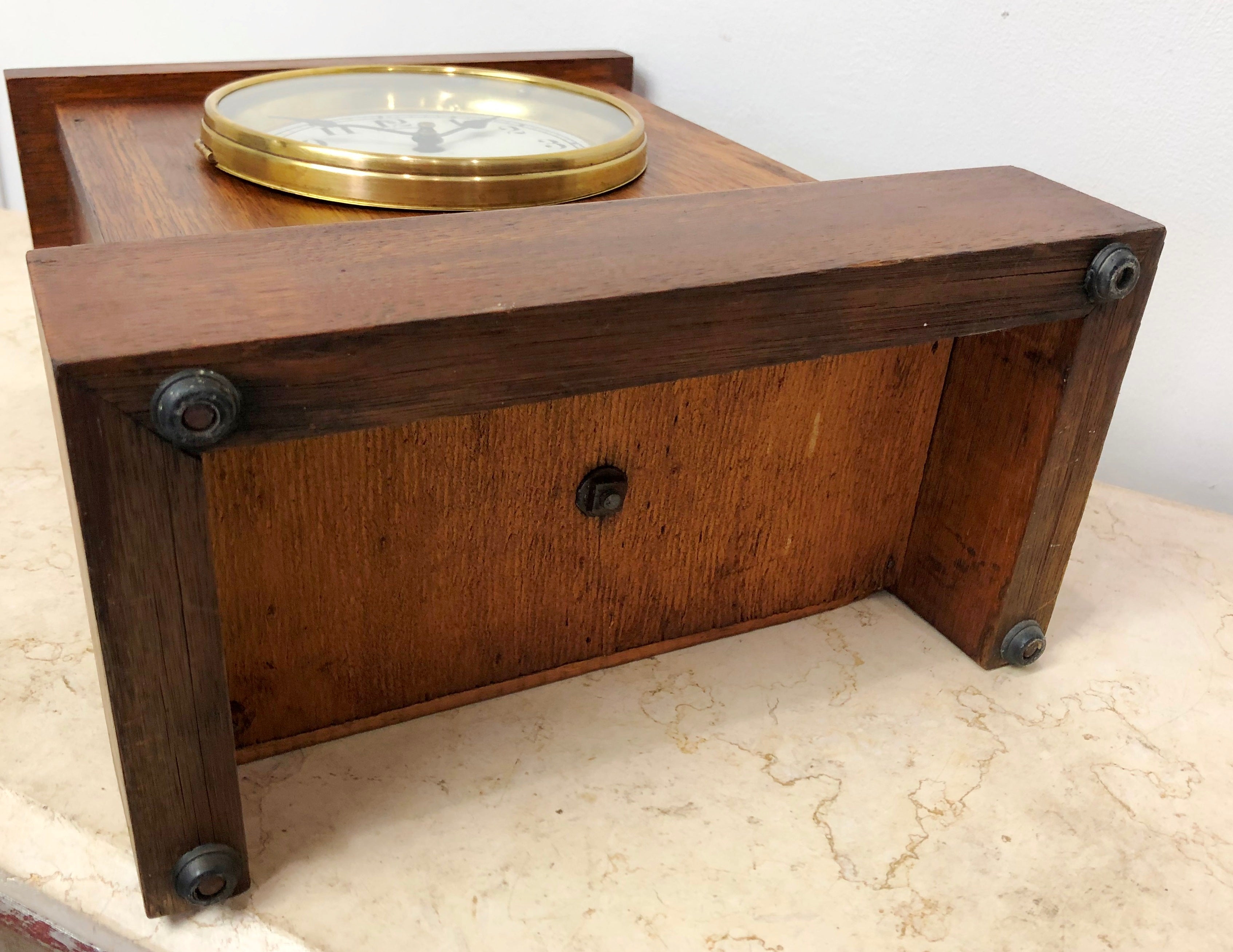 Antique Oak Sessions Bell & Hammer on Coil Chime Mantel Clock | eXibit collection