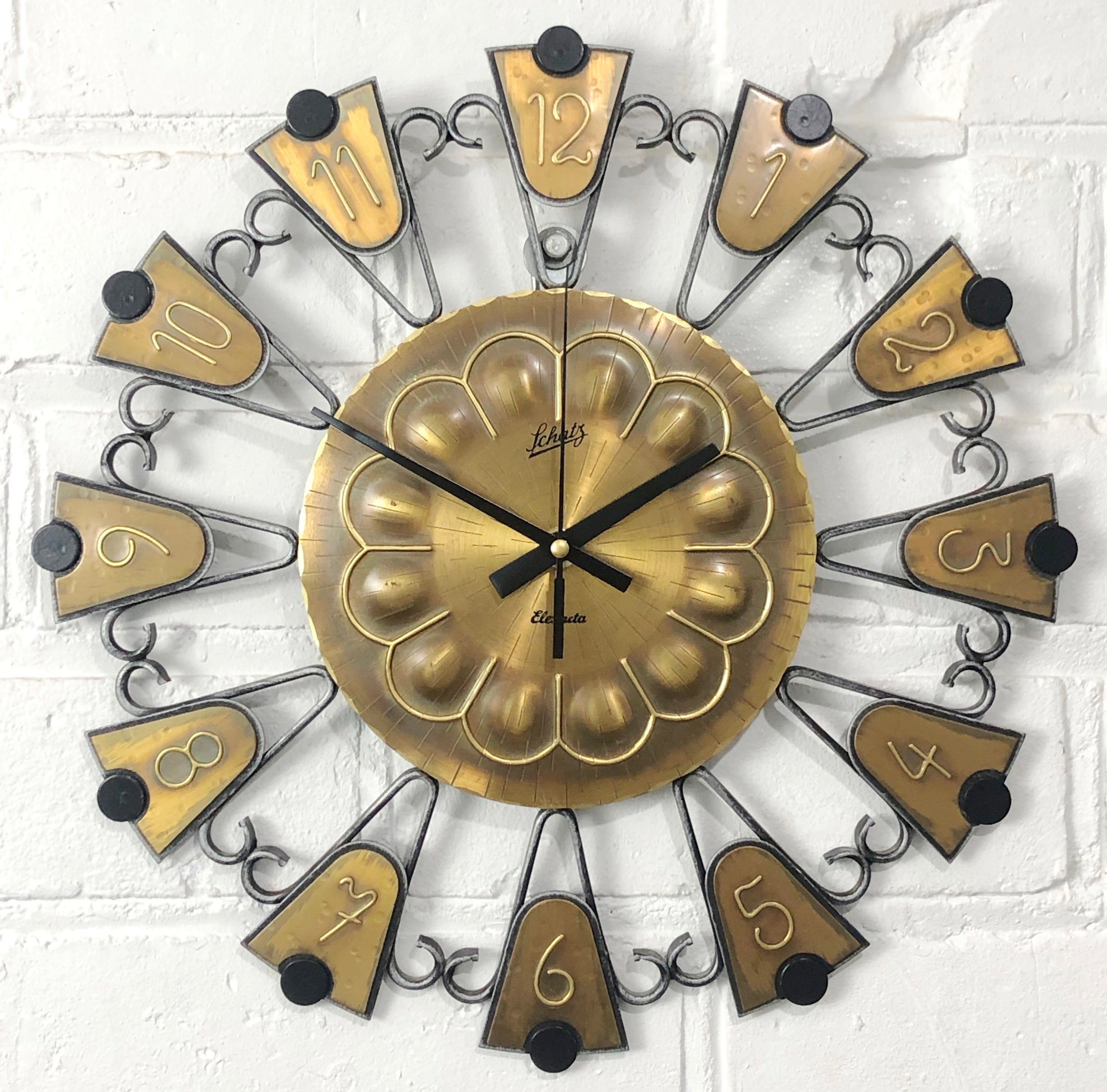 Vintage SCHATZ Elexacta Starburst Metal Battery Wall Clock | eXibit collection