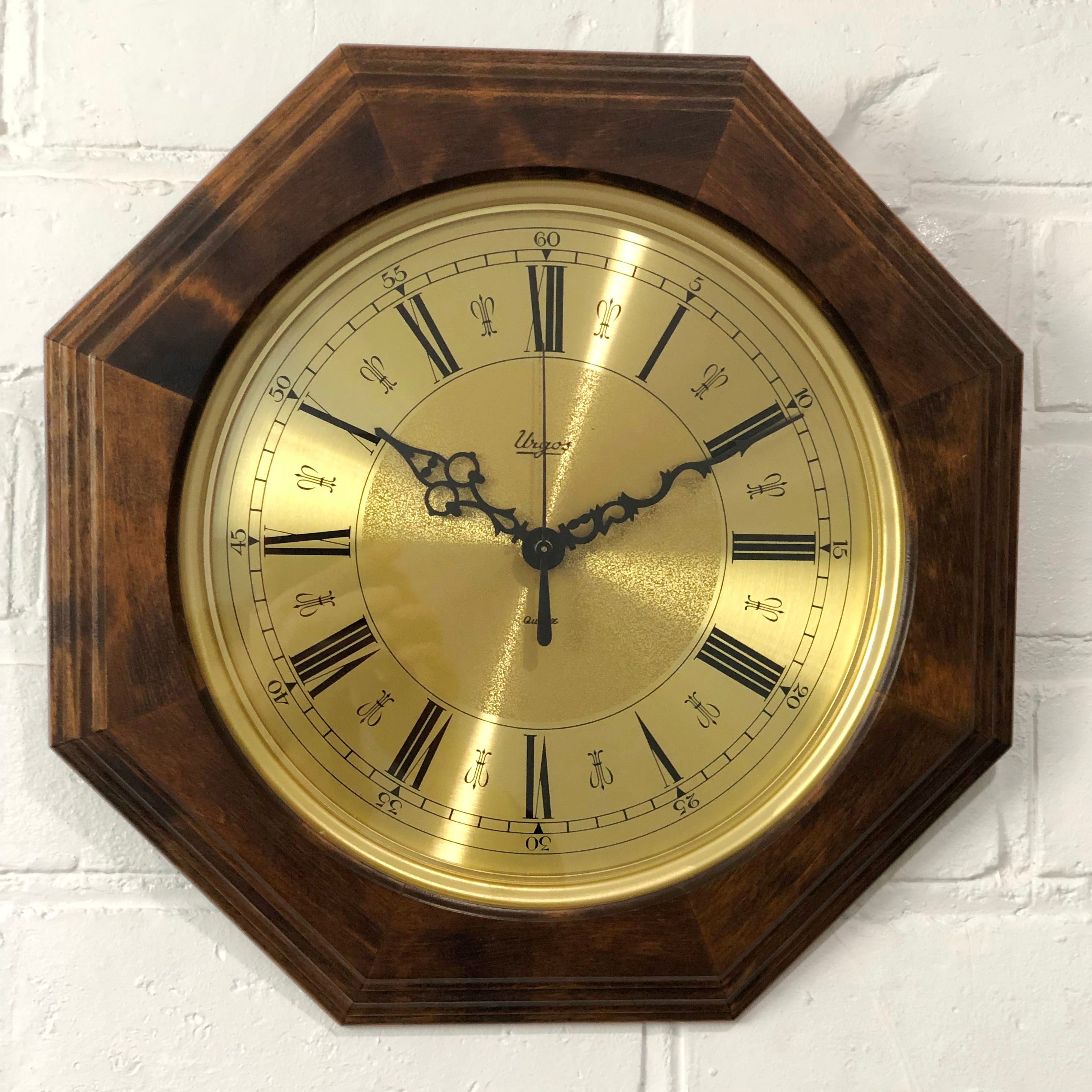 Vintage URGOS Octagon Wood Grained Battery Wall Clock | eXibit collection