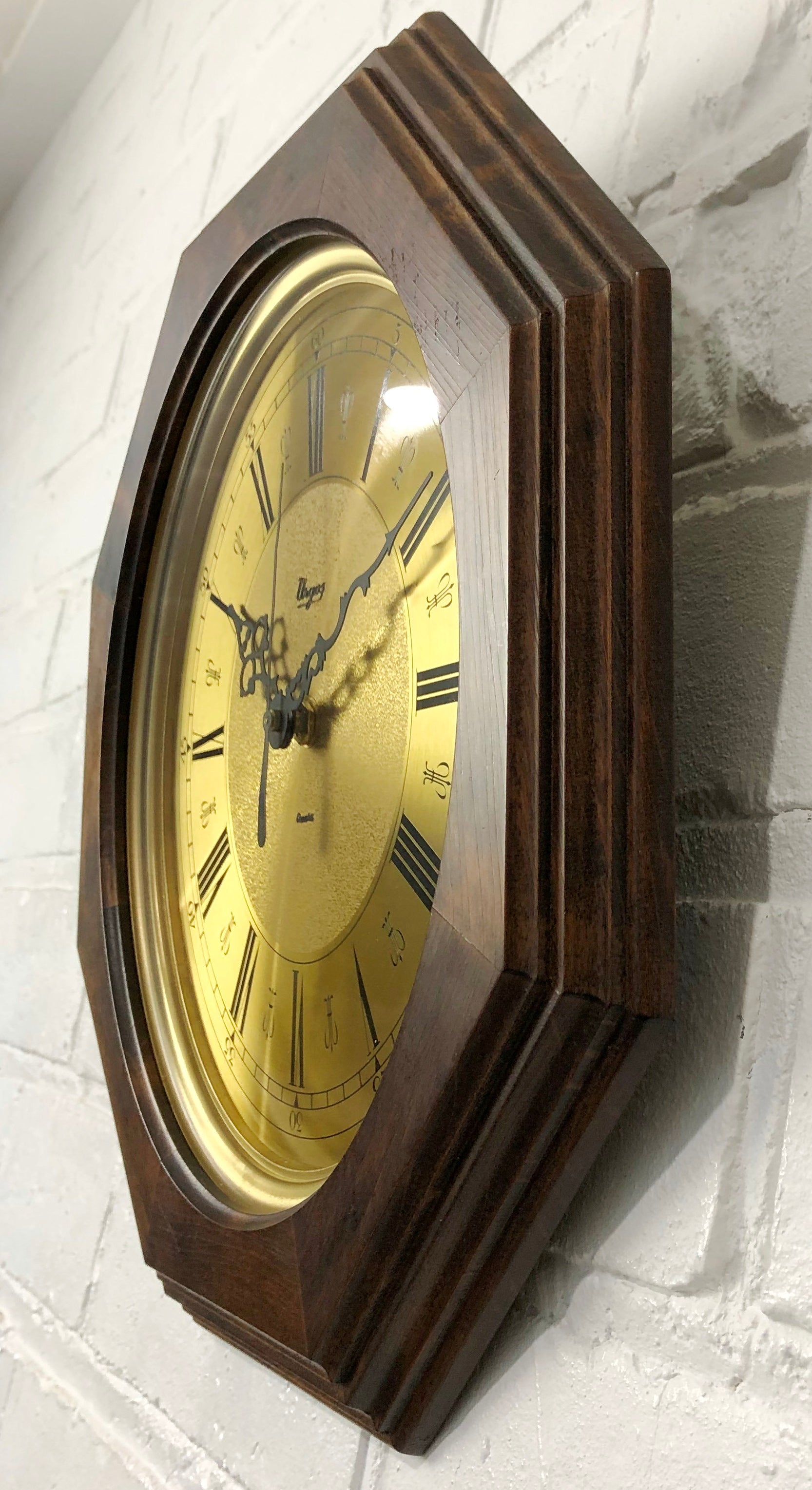 Vintage URGOS Octagon Wood Grained Battery Wall Clock | eXibit collection