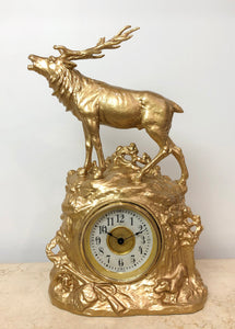 Antique STAG Figural Spelter Junghans Mantel Clock | eXibit collection