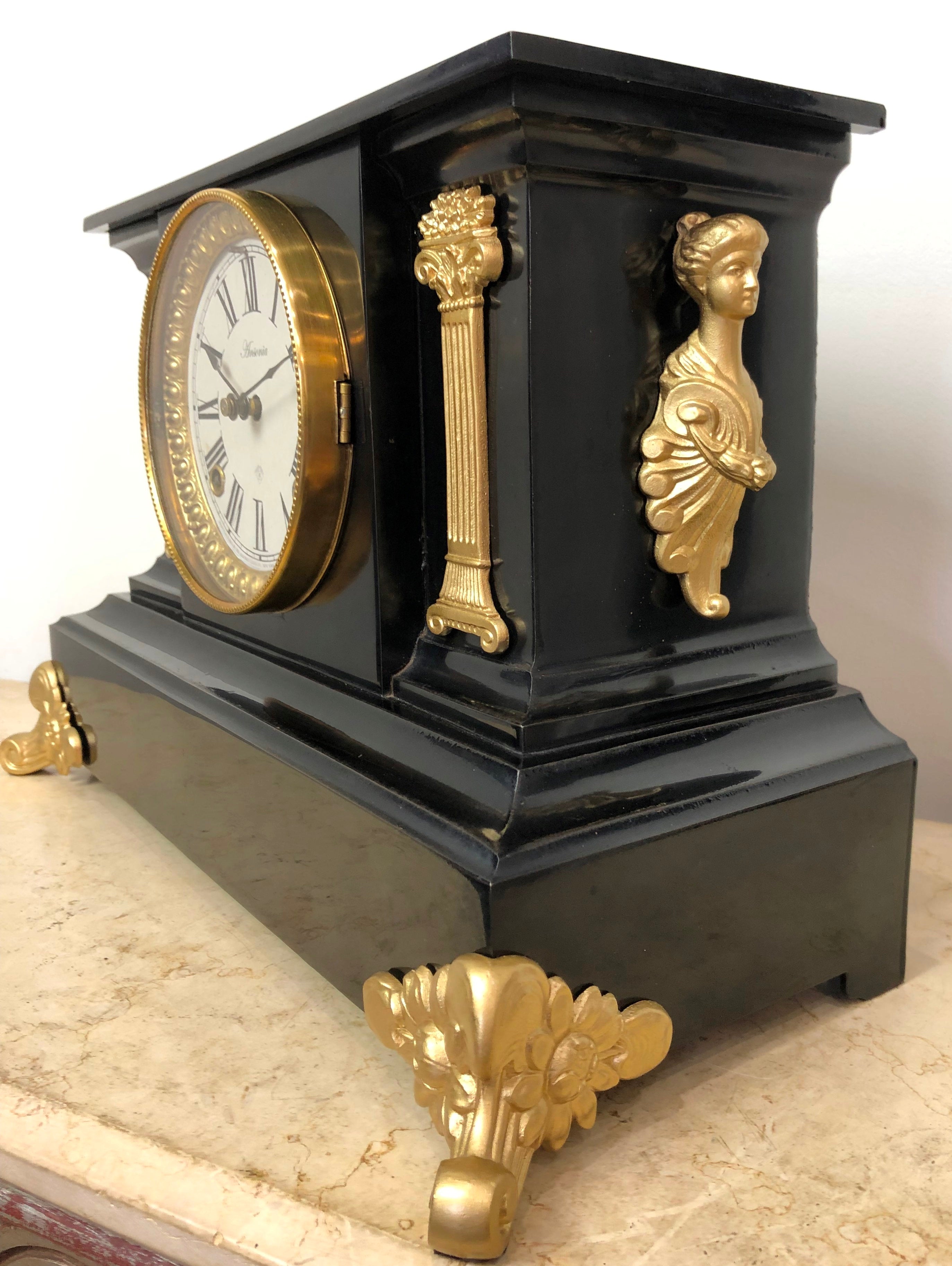 Antique Cast Iron Ansonia Hammer on Coil Chime Mantel Clock - eXibit collection
