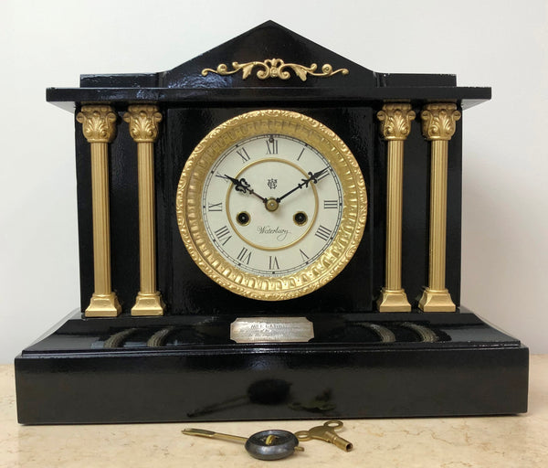 Antique Waterbury Cast Iron Bell & Hammer Chime Mantel Clock | exc