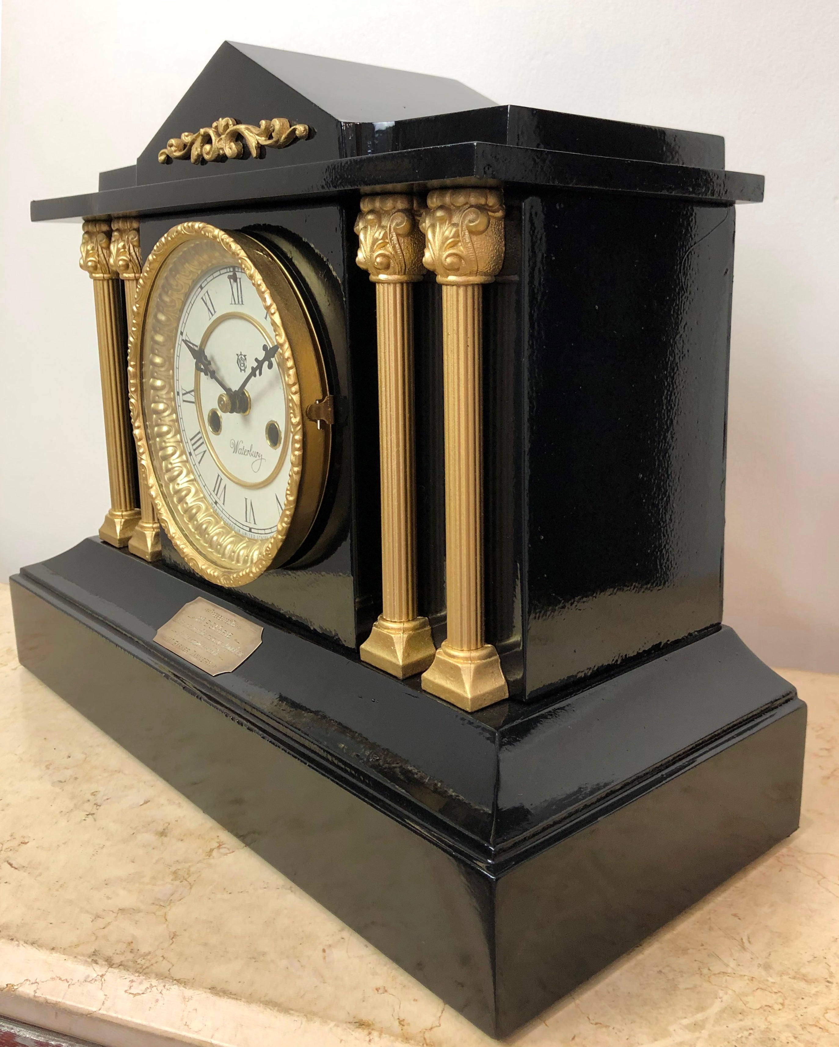 Antique Waterbury Cast Iron Bell & Hammer Chime Mantel Clock | exc