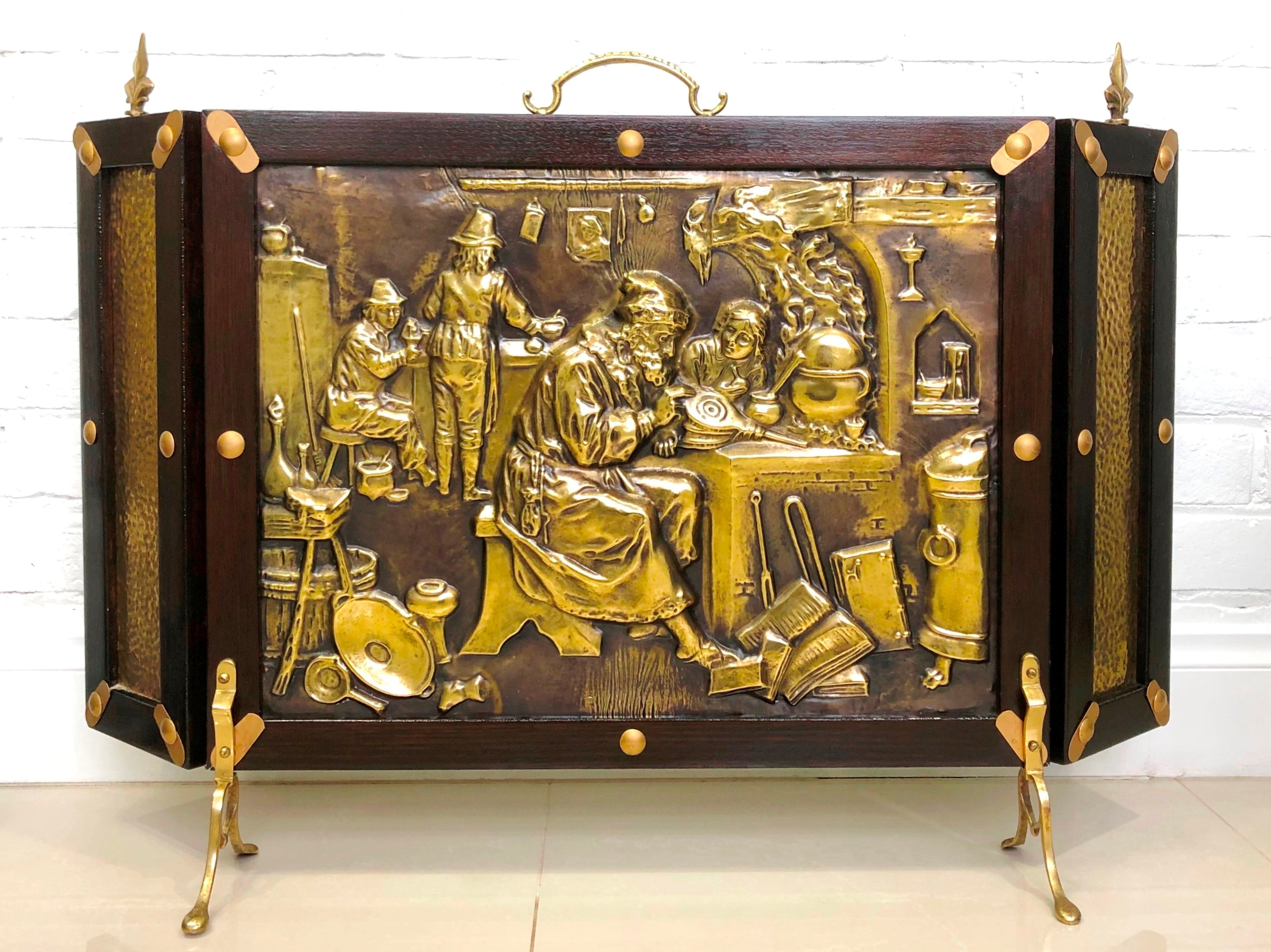 Antique Wood Framed Copper & Brass Embossed 3 Panel Fire Screen Guard | eXibit collection