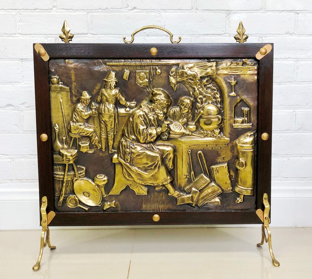 Antique Wood Framed Copper & Brass Embossed 3 Panel Fire Screen Guard | eXibit collection