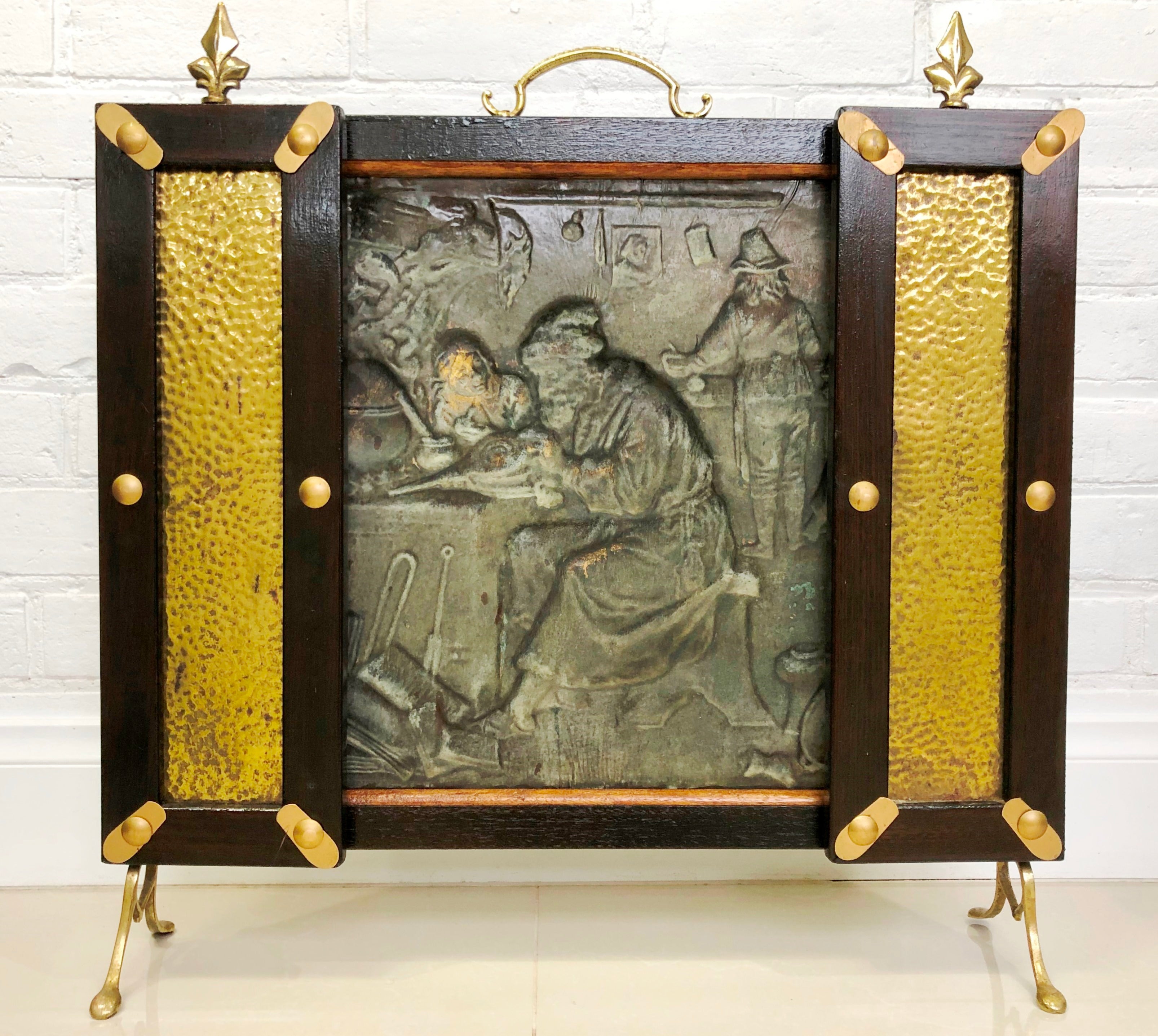 Antique Wood Framed Copper & Brass Embossed 3 Panel Fire Screen Guard | eXibit collection