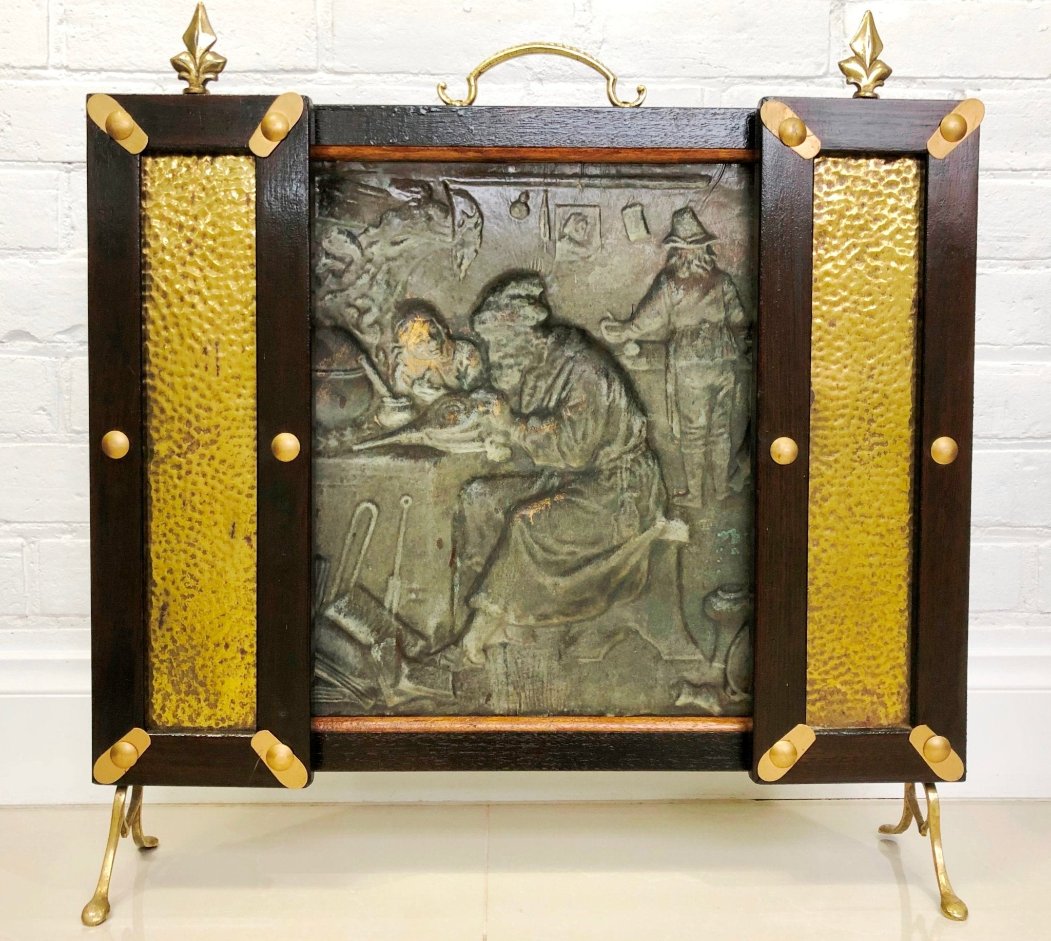 Antique Wood Framed Copper & Brass Embossed 3 Panel Fire Screen Guard | eXibit collection