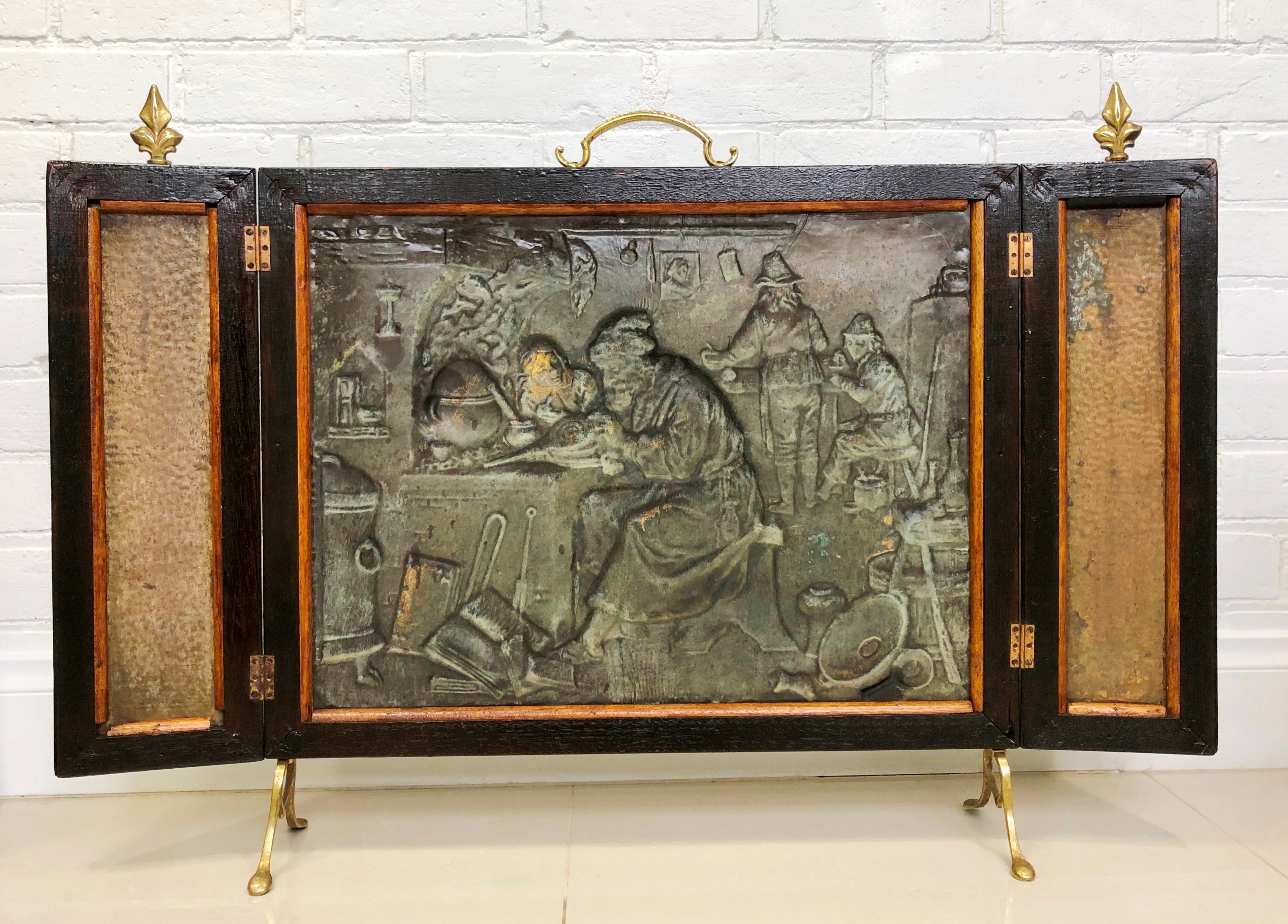 Antique Wood Framed Copper & Brass Embossed 3 Panel Fire Screen Guard | eXibit collection