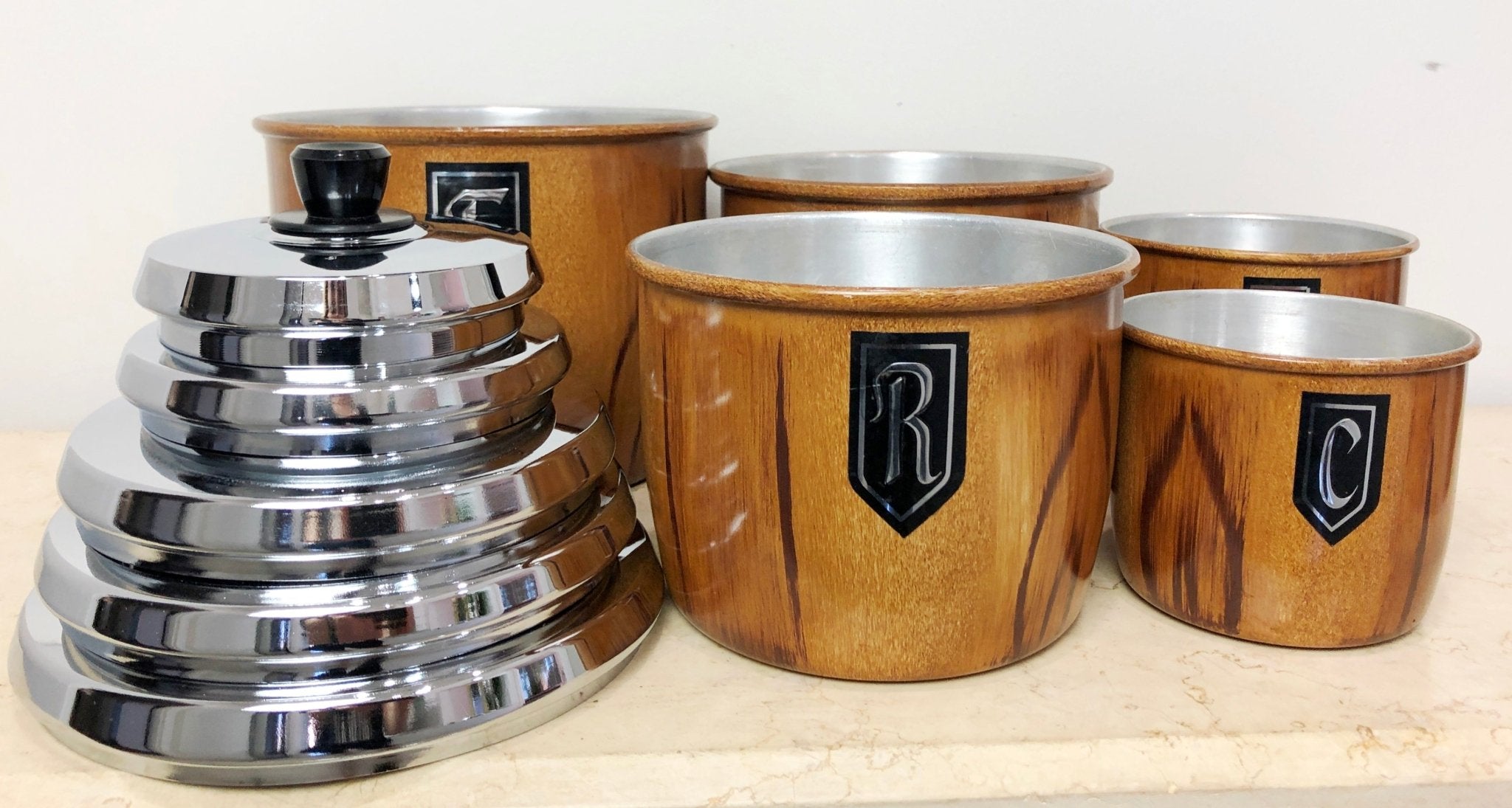 Vintage Set of 5x Retro Kitchen Stackable Canisters | Adelaide Clocks