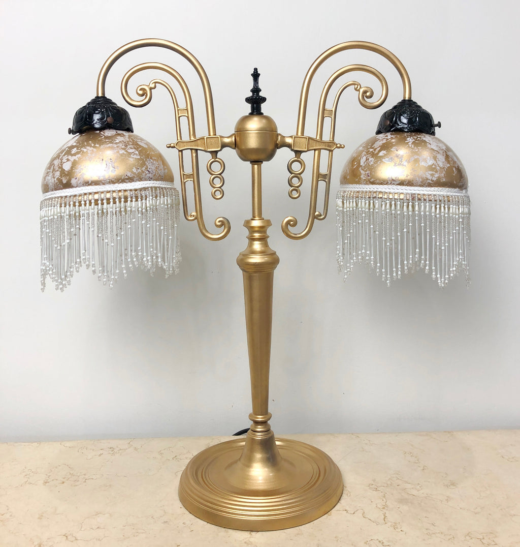 Vintage Victorian Boudoir Pedestal Dual Gold Table Lamp | Adelaide Clocks