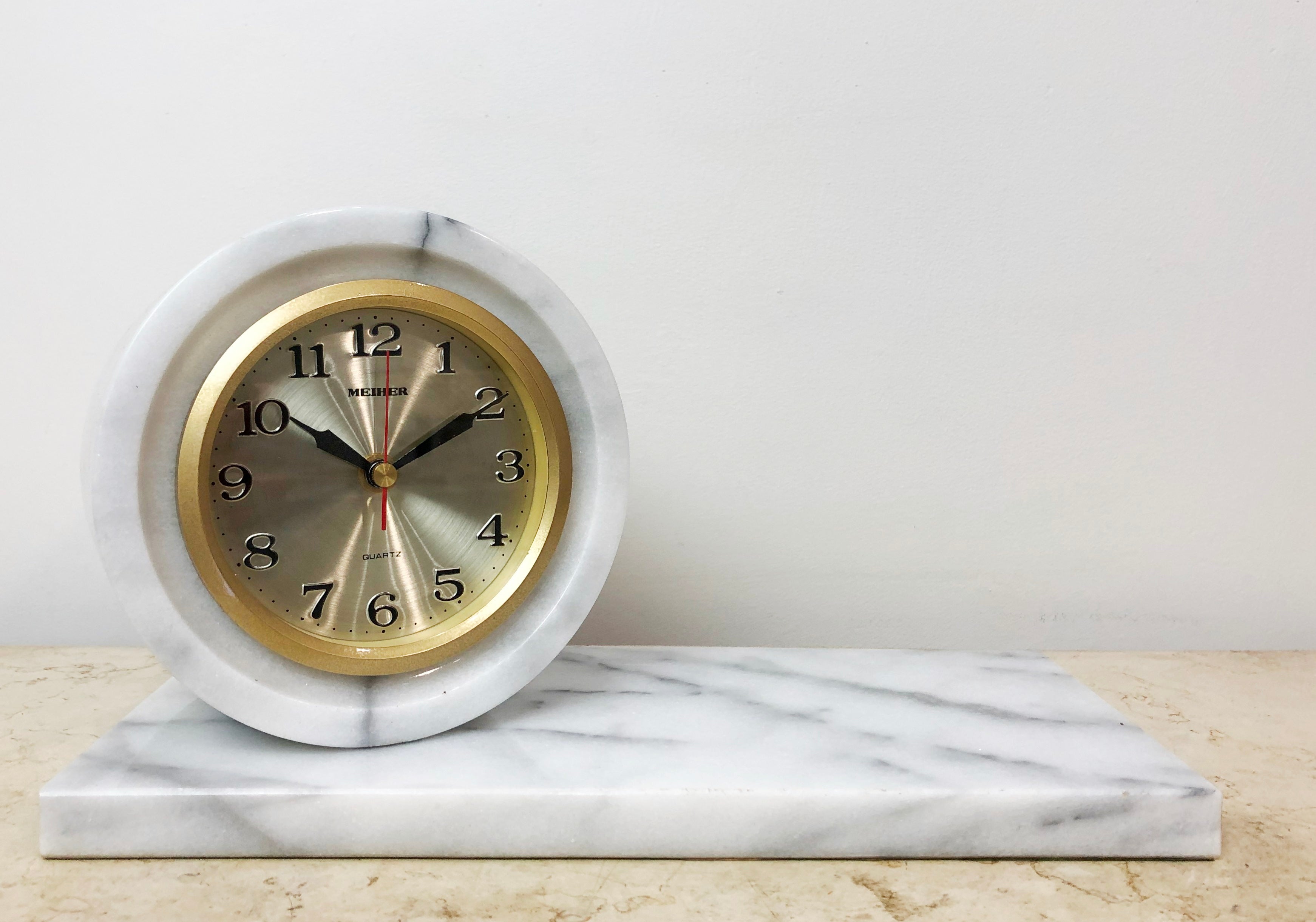 Vintage White Marble MEIHER Desk Mantel Clock | eXibit collection