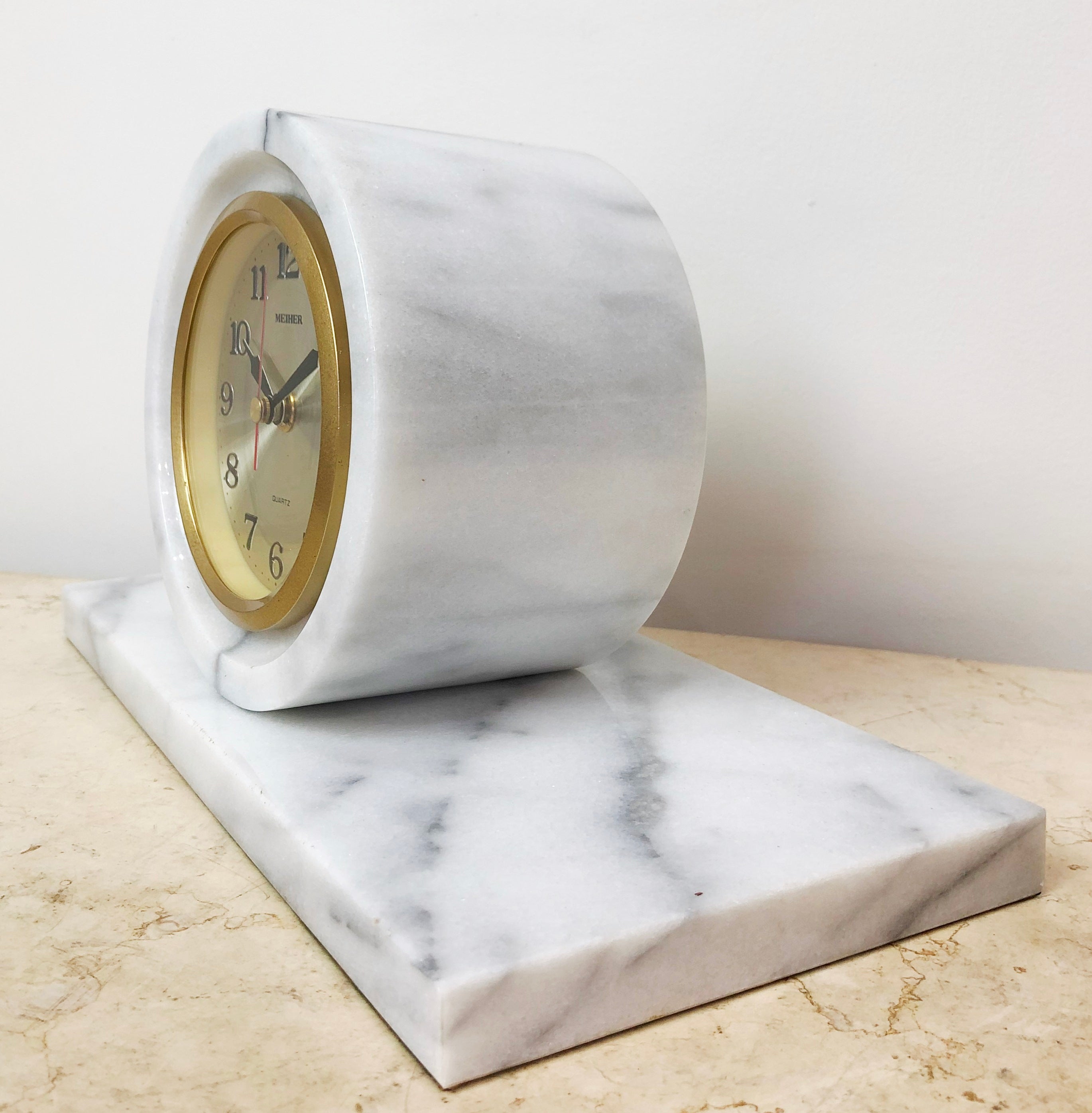 Vintage White Marble MEIHER Desk Mantel Clock | eXibit collection