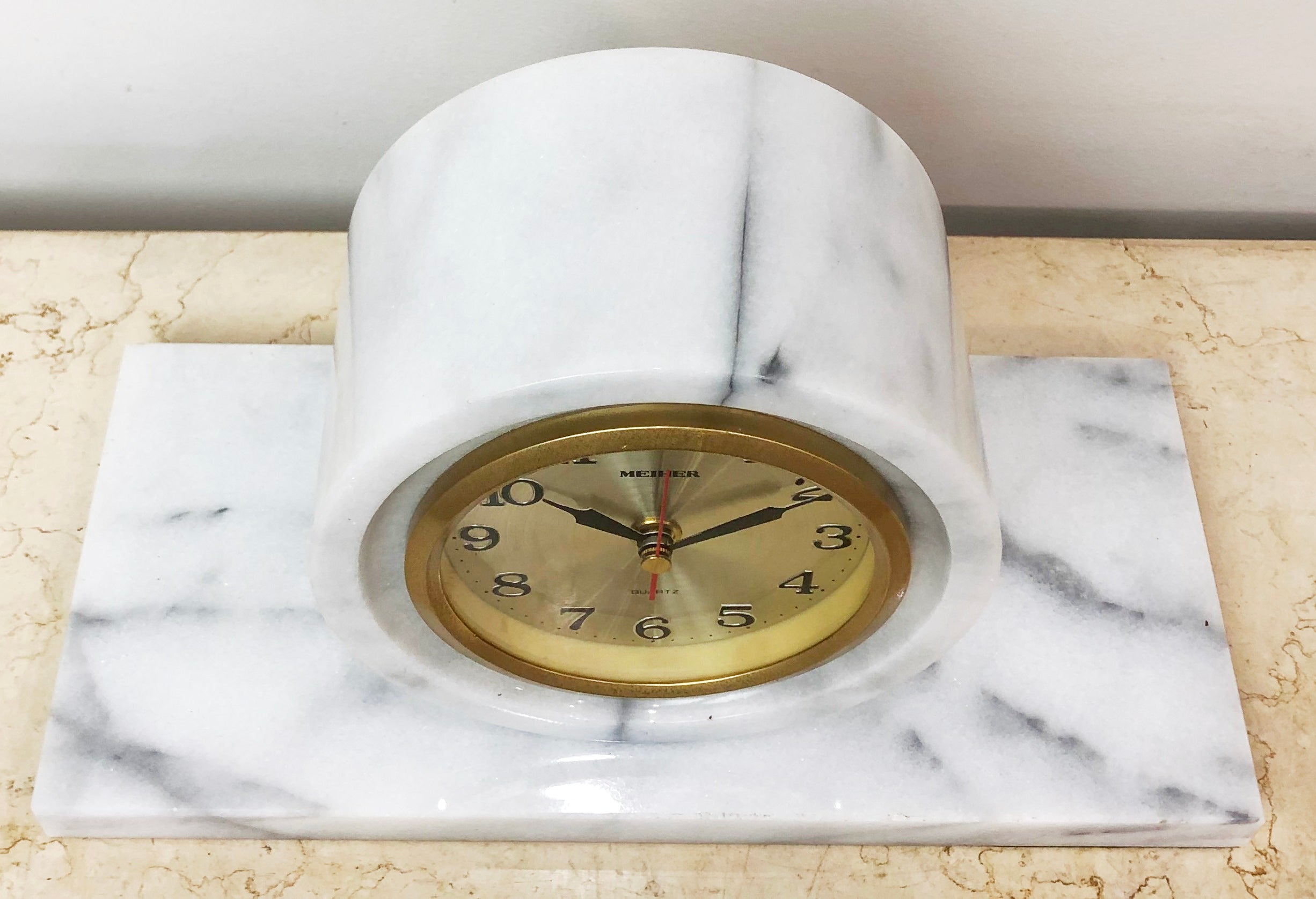 Vintage White Marble MEIHER Desk Mantel Clock | eXibit collection