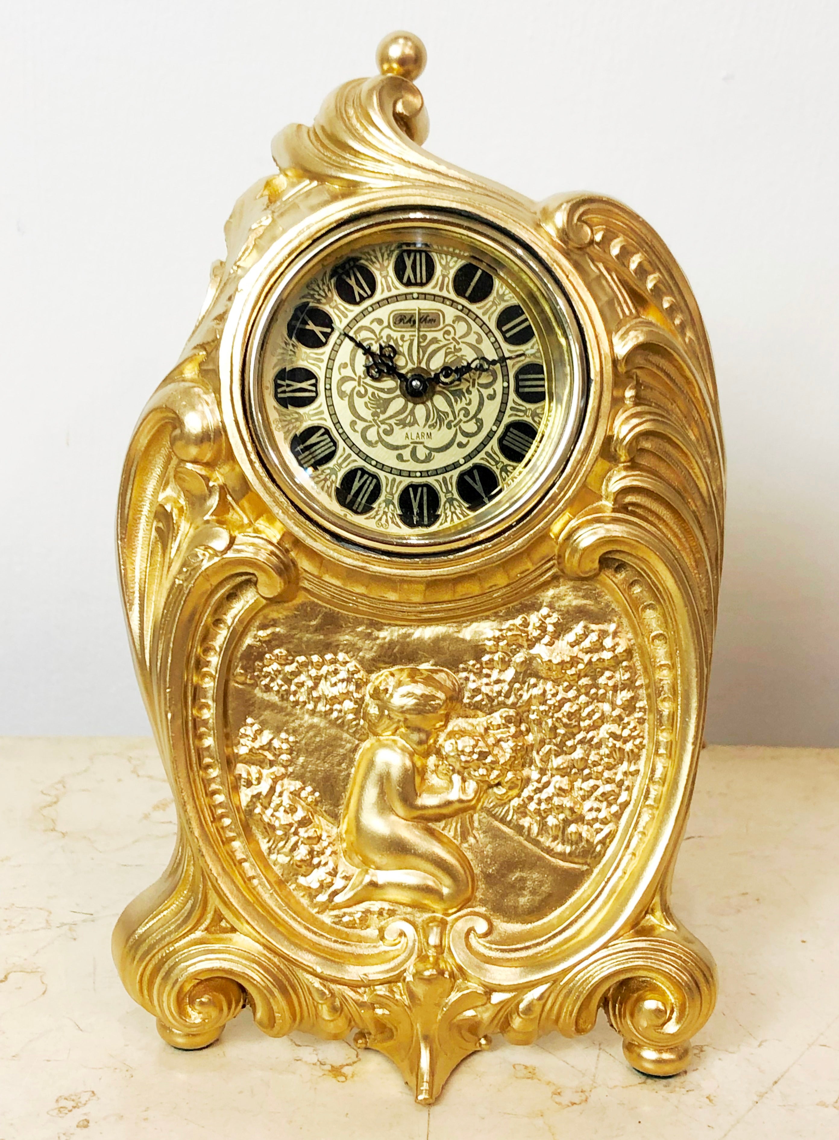 Vintage Figural Rhythm Alarm Gold Bedside Desk Clock | eXibit collection