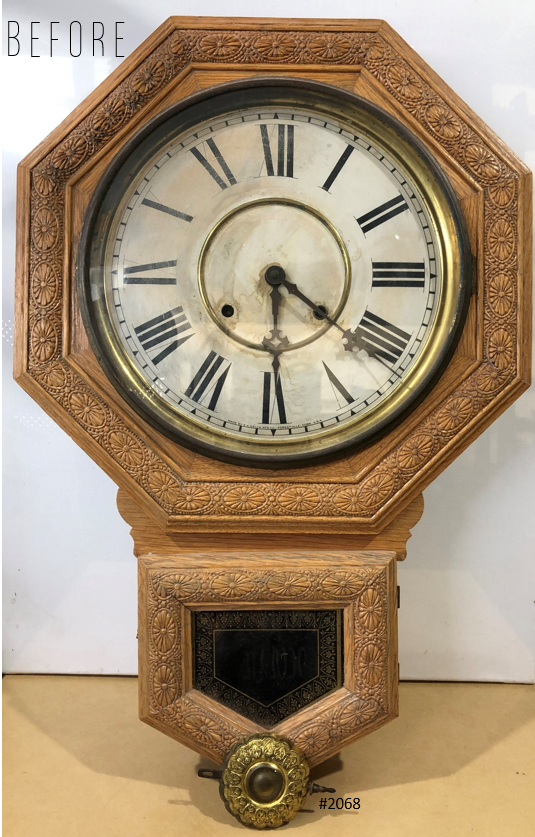 Antique HUGE Welch Octagon Carved Wood Regulator Wall Clock | eXibit collection